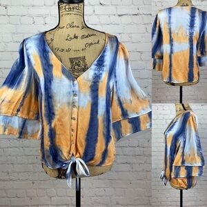 Given Kale Tie Dye Front Tie Bell Sleeve Top